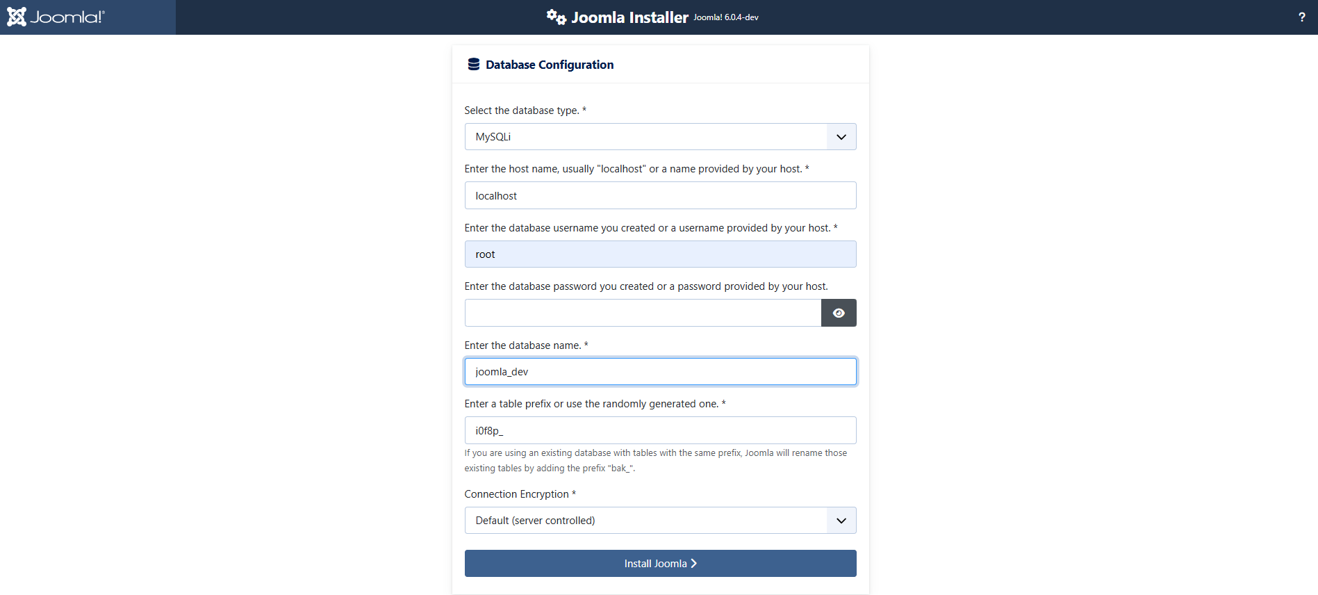 Joomla database configuration for Laragon