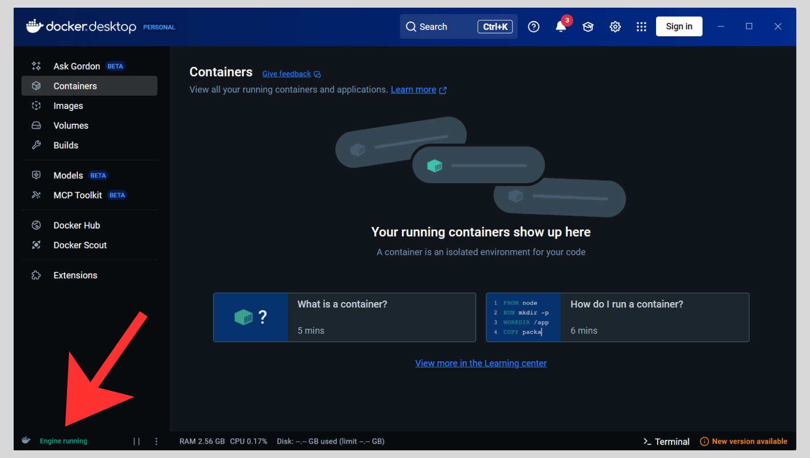 Docker Desktop showing green Engine running status