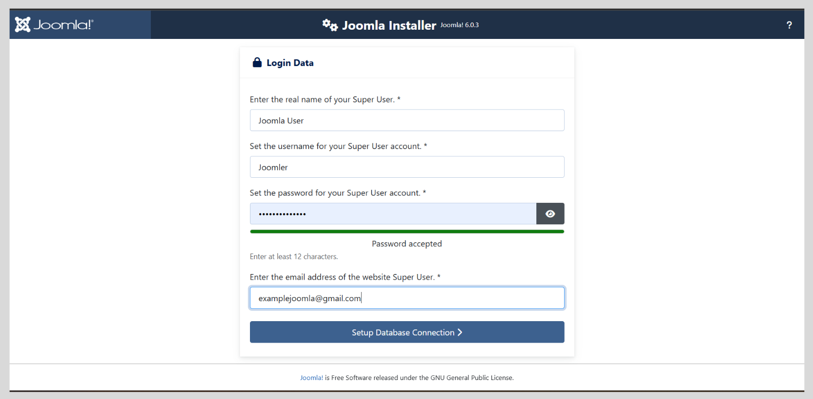 Joomla installation site setup screen