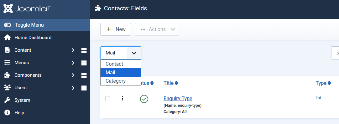 Selecting the Mail context for a contact field