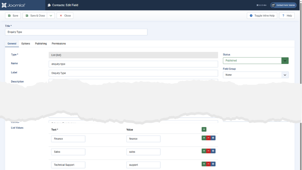 Creating a new Contact custom field of type list with multiple options to select from.