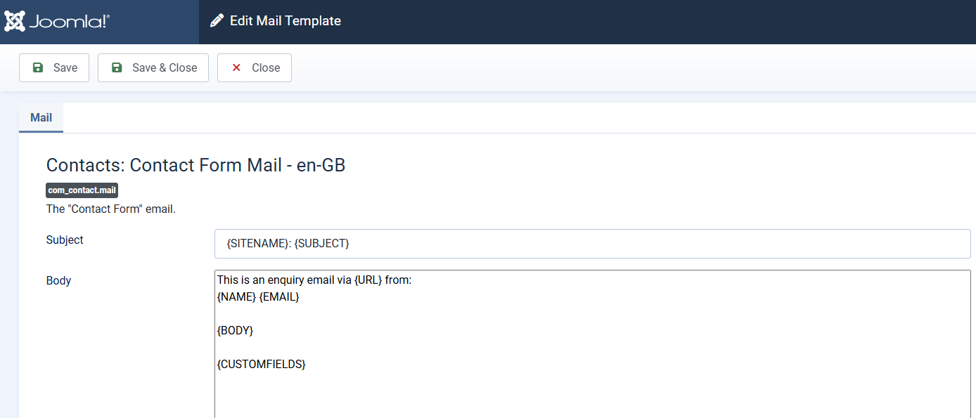 Contact email template showing the custom fields placeholder