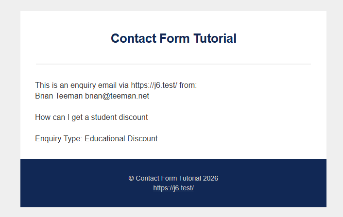 Contact email showing submitted custom field values