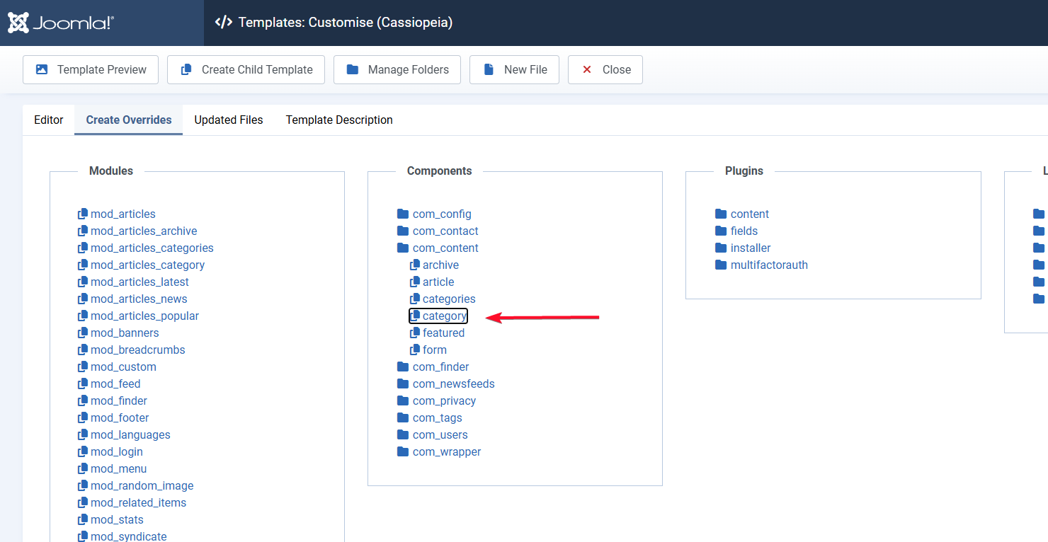 The template override screen showing com_content → category → selected, which generates the layout override.