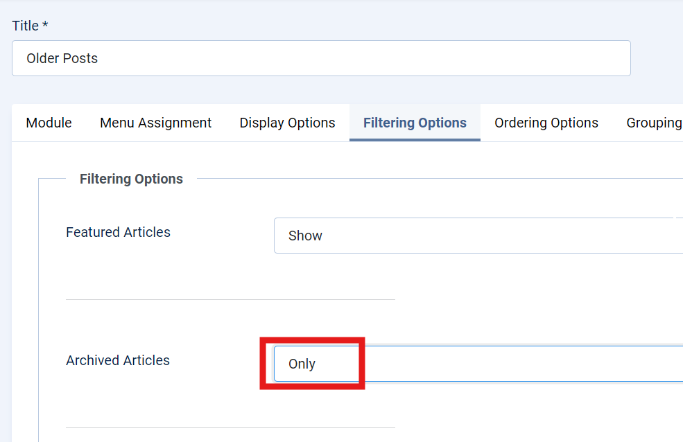 Articles module set to archived articles