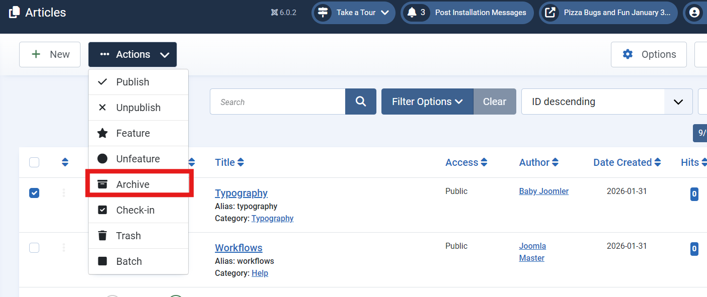 Article list Actions Archive highlighted