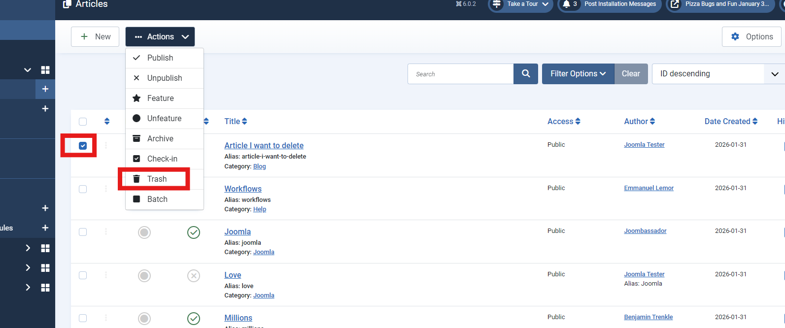 Article list checked select action Trash