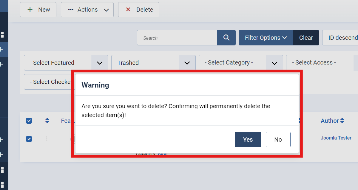 Warning message upon deleting article