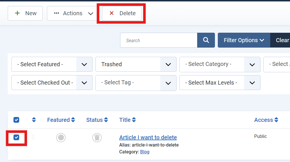 Delete button in the toolbar