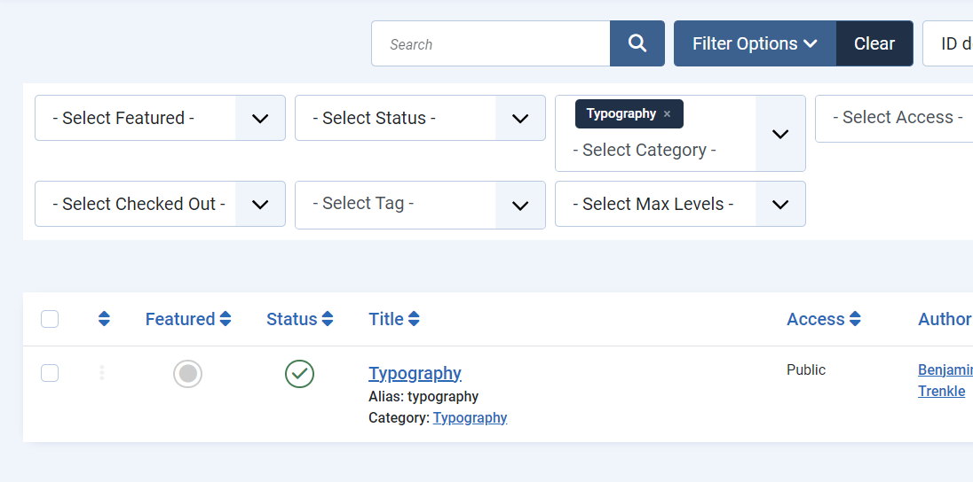 Article list filter dropdown with selected category