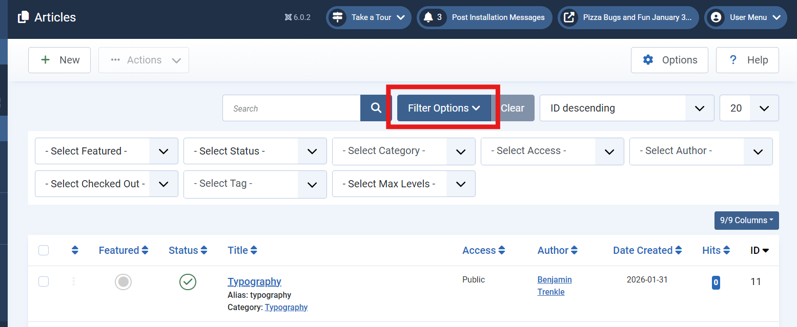 Article list with filter options open