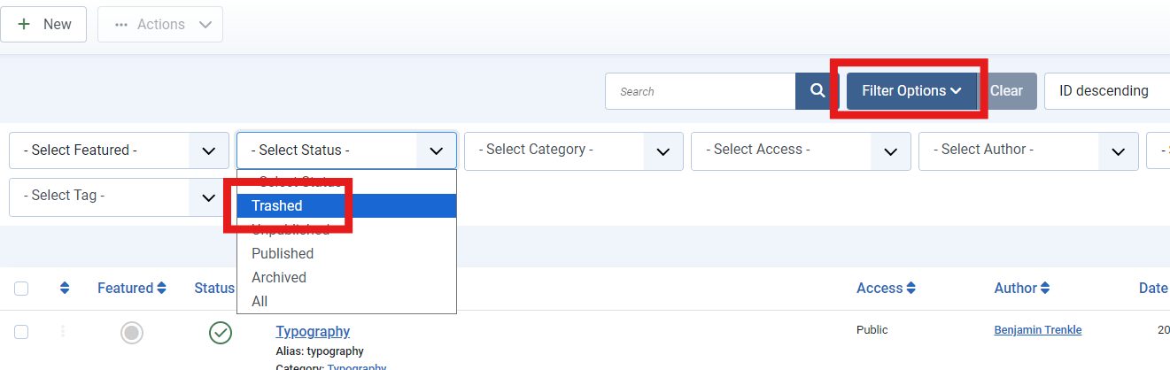 Article list filter options Trashed status