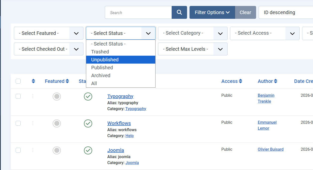 Dropdown Select Status Unpublished