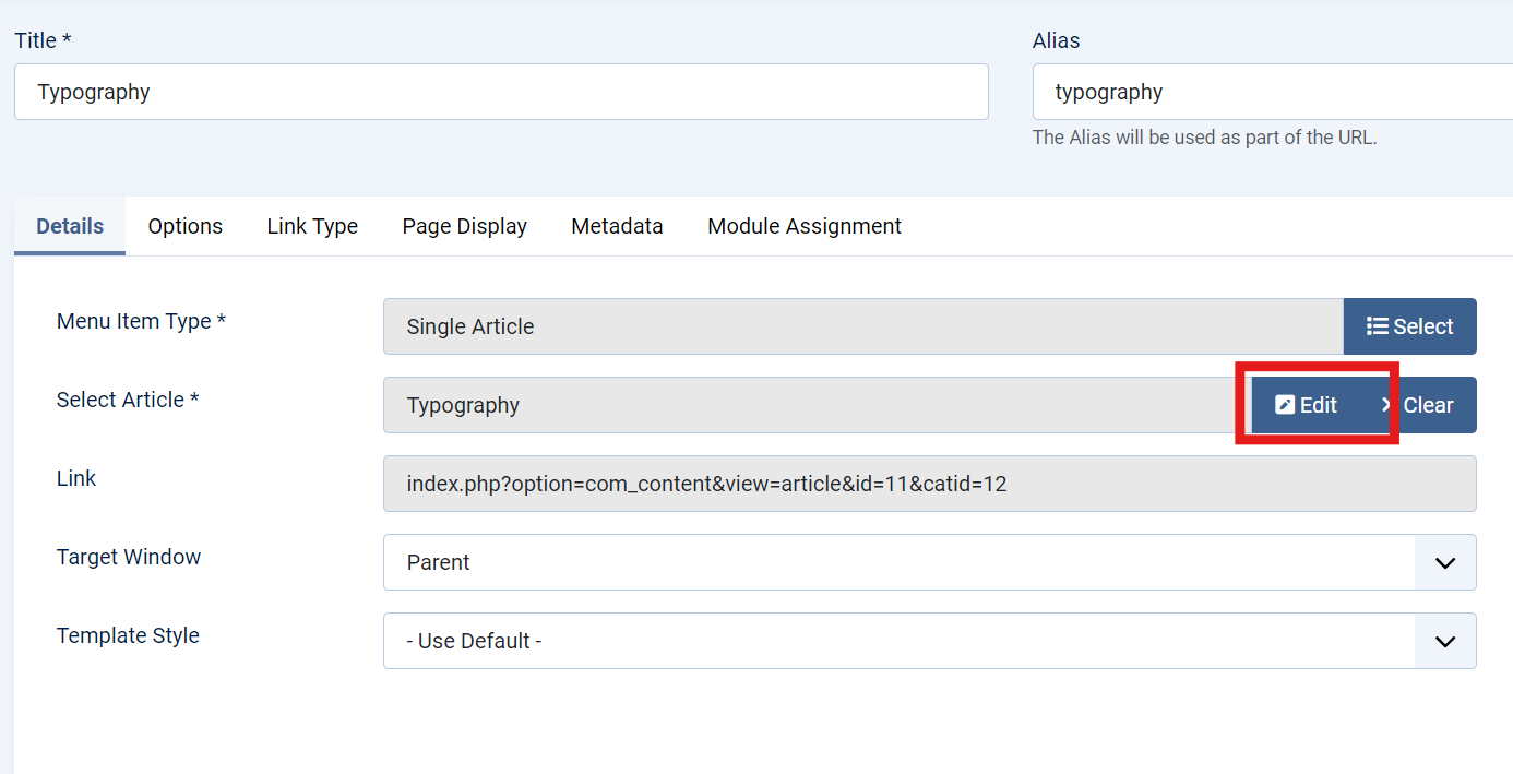 Edit button in single article menu item